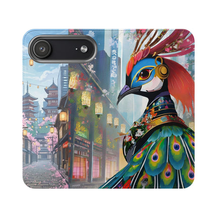 🦚🌸 Techno Plumes Peacock Flip Case – Neon Elegance & Sakura Dreams