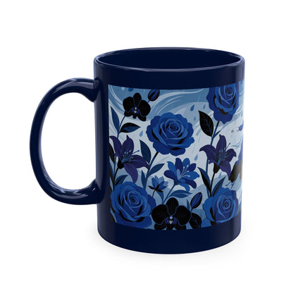 ☔💙 The Lady In The Blue Rain Garden Ceramic Mug – Art Deco Floral Elegance