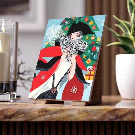 🧣🎄 The Lady Of The Crimson Scarf Ceramic Tile – Art Deco Christmas Elegance