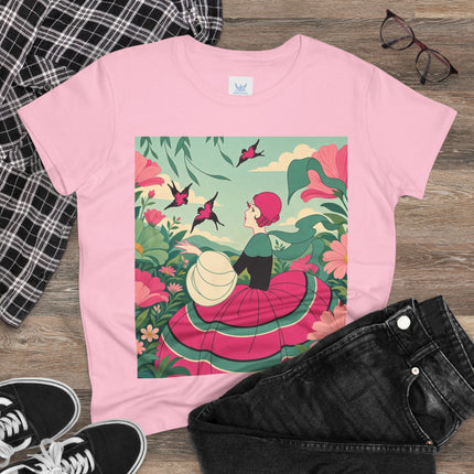 🐦🌺 The Garden Of Flying Birds Cotton Tee – Art Deco Floral Whimsy