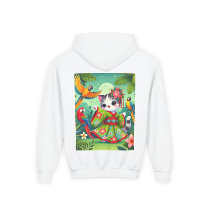 Parrot Dance of the Geisha Kitten Youth Hooded Sweatshirt – Tropical Joy & Whimsical Color