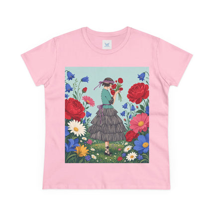 🌹💙 The Rose Bouquet Promenade Cotton Tee – Art Deco Floral Whimsy