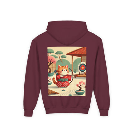 Archer Kitten in the Zen Garden Youth Hooded Sweatshirt – Calm Focus & Playful Strength
