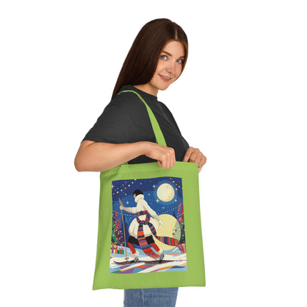 🎿🌙 The Moonlit Christmas Skier Cotton Tote Bag – Art Deco Holiday Adventure