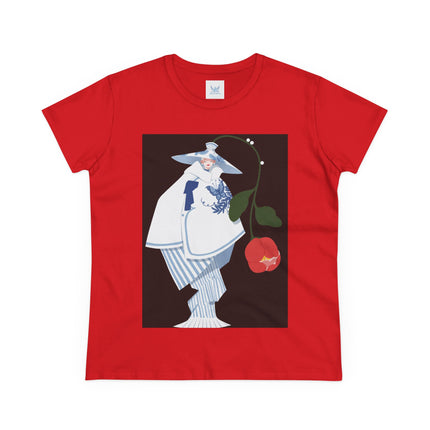 Blue & White Porcelain Geisha Women's Midweight Cotton Tee – Refined Elegance & Timeless Charm