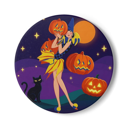 🎃🌙 Moonlit Pumpkin Masquerade Ceramic Coaster – Whimsical Halloween Charm