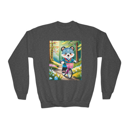 Furry Cyclist Youth Crewneck Sweatshirt – Playful Adventure on Two Wheels