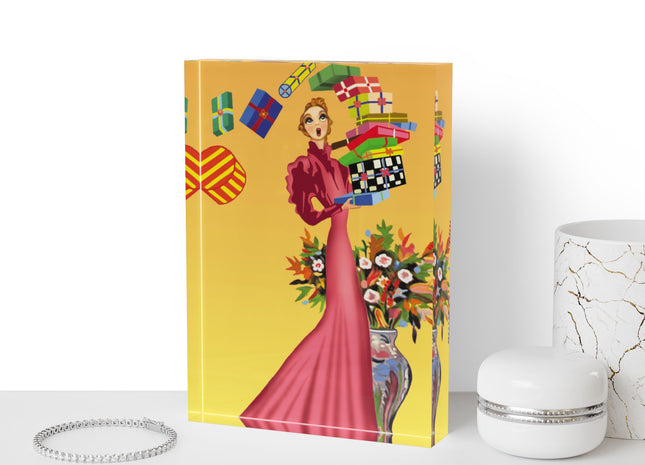 Elegant Holiday Woman with Gifts Acrylic Art Block