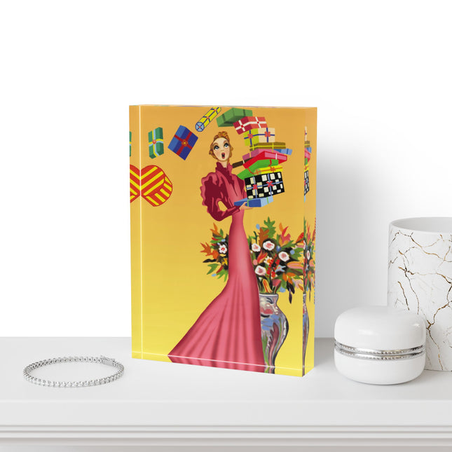 Elegant Holiday Woman with Gifts Acrylic Art Block