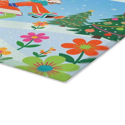🎿❄️ The Christmas Ski Jumper Glass Cutting Board – Colorful Winter Holiday Fantasy