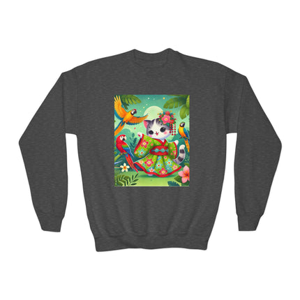 Parrot Dance of the Geisha Kitten Youth Crewneck Sweatshirt – Color, Rhythm & Joyful Expression