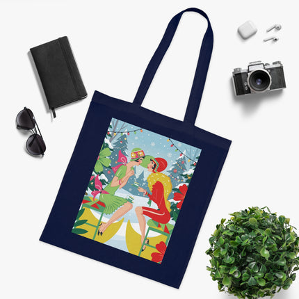 🎄☕ Christmas Tea In The Snow Garden Cotton Tote Bag – Art Deco Holiday Friendship