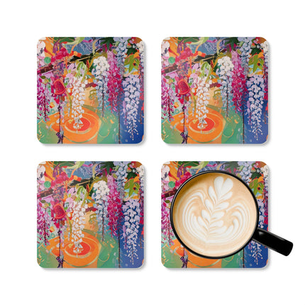 Golden Wisteria Elegance Corkwood Coaster Set