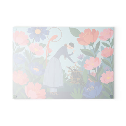 🌺🦜 The Lady Of The Enchanted Aviary Glass Cutting Board – Art Deco Floral Garden