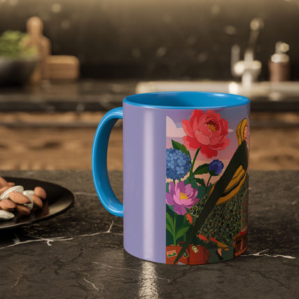 The Lady And The Crimson Birdcage Colorful Mugs – Art Deco Tropical Garden Elegance