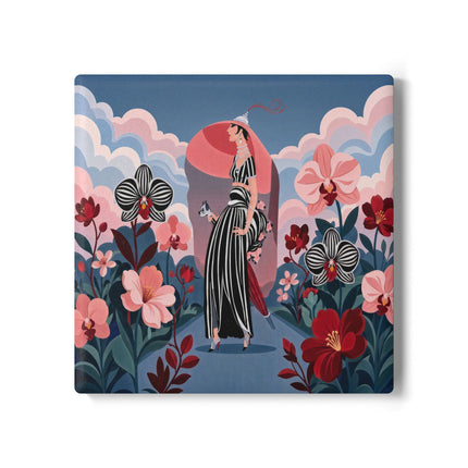 🌸🖤 The Striped Orchid Promenade Ceramic Coaster – Art Deco Floral Fashion