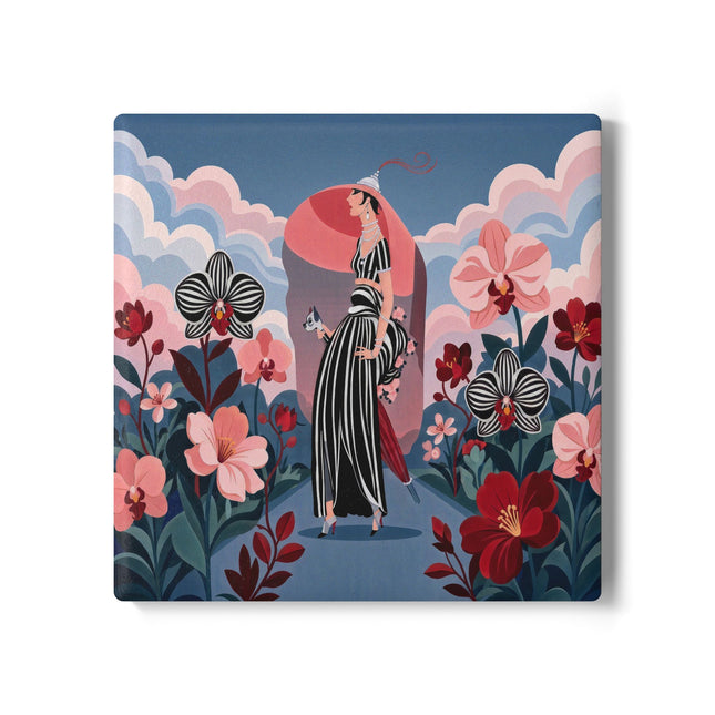 🌸🖤 The Striped Orchid Promenade Ceramic Coaster – Art Deco Floral Fashion