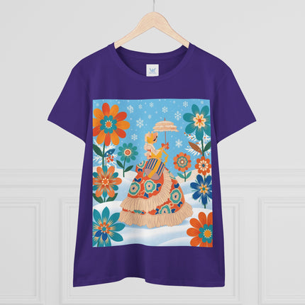 🌼❄️ The Winter Parasol Lady Cotton Tee – Art Deco Floral Fantasy