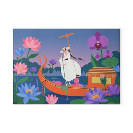 🪷🚣 The Lady Of The Lotus Lake Glass Cutting Board – Art Deco Botanical Fantasy