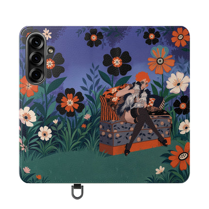 🌺🐈 The Lady Of The Midnight Garden Cat Flip Case – Art Deco Floral Fantasy