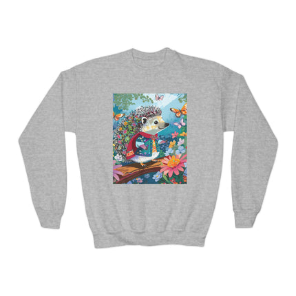 Cute Hedgehog Youth Crewneck Sweatshirt – Garden Adventure & Whimsical Charm