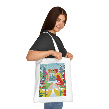 🎄☕ Christmas Tea In The Snow Garden Cotton Tote Bag – Art Deco Holiday Friendship