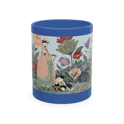 🐈🥾 The Lady & Puss In Boots In The Flower Garden Ceramic Mug – Art Deco Storybook Whimsy