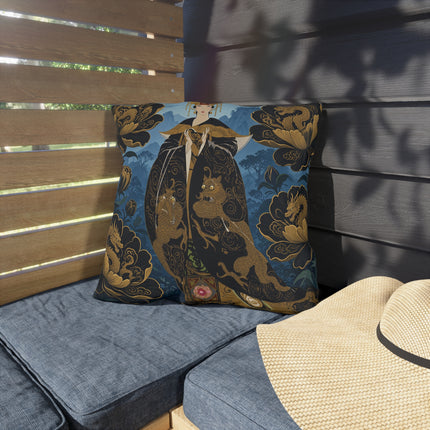 🐉🌺 The Golden Dragon Empress Outdoor Pillow – Art Deco Oriental Fantasy