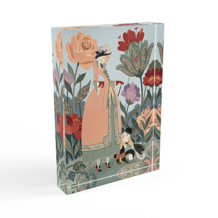 🌸🐈 The Lady And Puss In Boots Grand Floral Promenade Acrylic Art Block – Art Deco Fashion Whimsy
