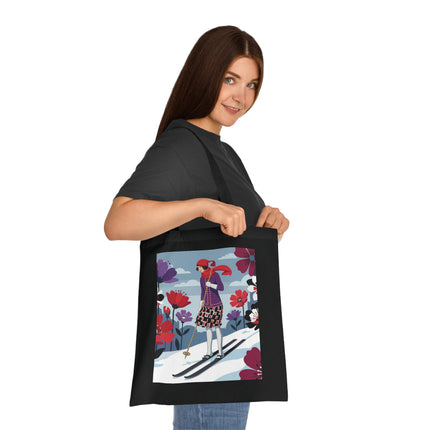 🎿🌺 The Winter Flower Skier Cotton Tote Bag – Art Deco Winter Fantasy
