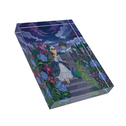 🦚🌙 The Lady Of The Midnight Peacock Garden Acrylic Art Block – Art Deco Floral Elegance
