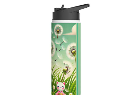 Geisha Kitten and the Dandelion Wish Stainless Steel Water Bottle, Standard Lid