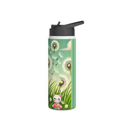 Geisha Kitten and the Dandelion Wish Stainless Steel Water Bottle, Standard Lid