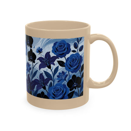 ☔💙 The Lady In The Blue Rain Garden Ceramic Mug – Art Deco Floral Elegance