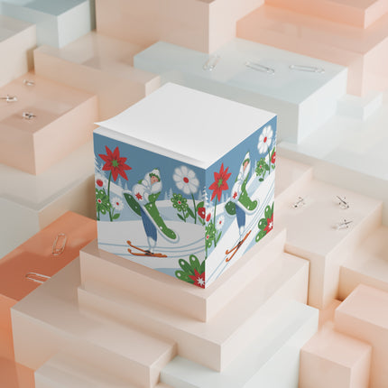 🎿🌺 The Winter Garden Skier Note Cube – Retro Winter Botanical Fantasy