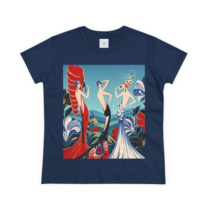 🌹🎭 The Three Ladies Of The Floral Promenade Cotton Tee – Art Deco Fashion Elegance