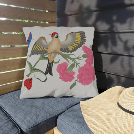 Goldfinch & Pink Flowers Outdoor Pillows – Vibrant Spring & Delicate Beauty
