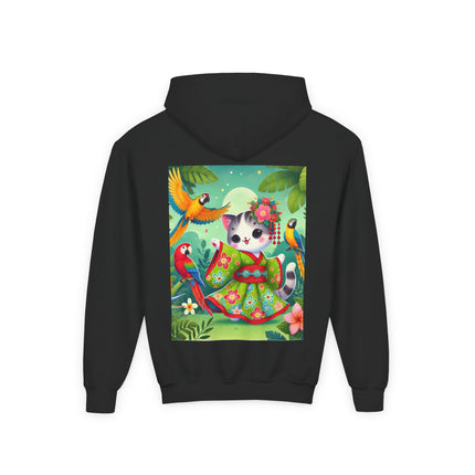 Parrot Dance of the Geisha Kitten Youth Hooded Sweatshirt – Tropical Joy & Whimsical Color
