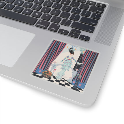 🌹🎭 The Lady Between The Curtains Kiss-Cut Stickers – Art Deco Floral Theatre