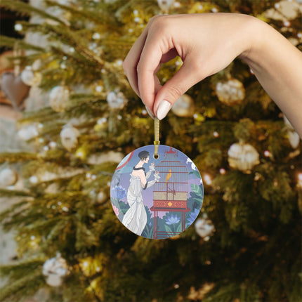🐦🌸 Whispers to the Golden Songbird Glass Ornament – Art Deco Garden Elegance