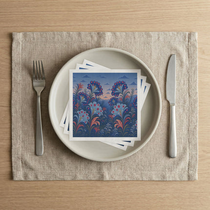 🌸🌄 The Twilight Peacock Blossom Garden Napkins – Art Deco Floral Elegance