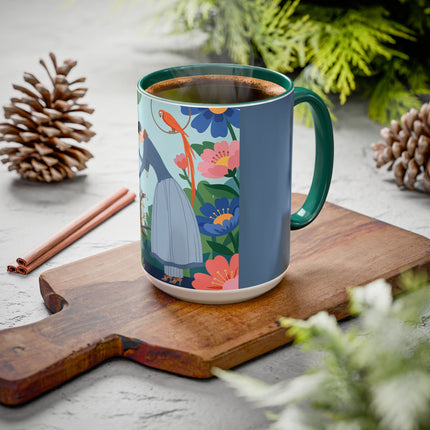 The Lady And The Mysterious Bird Colorful Mugs – Art Deco Botanical Mystery