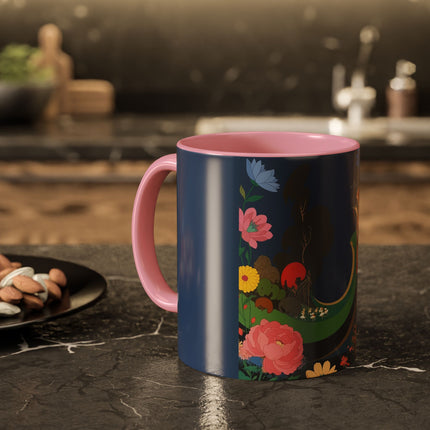 The Lady And The Crimson Moonbird Colorful Mugs – Art Deco Whimsical Garden Elegance