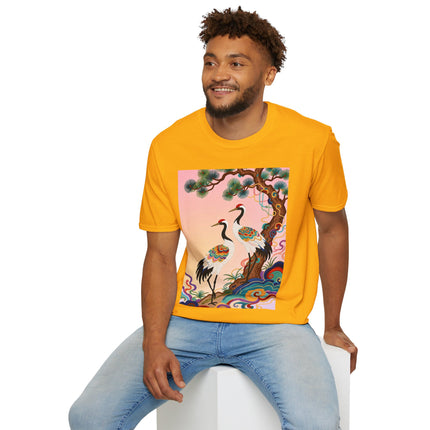 🐦🌸 The Enchanted Crane Garden Softstyle T-Shirt – Oriental Elegance & Colorful Harmony