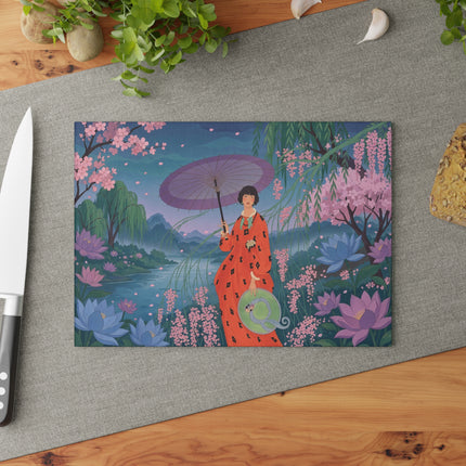 🌸☂️ The Lady Of The Lotus Garden Glass Cutting Board – Art Deco Oriental Floral Elegance