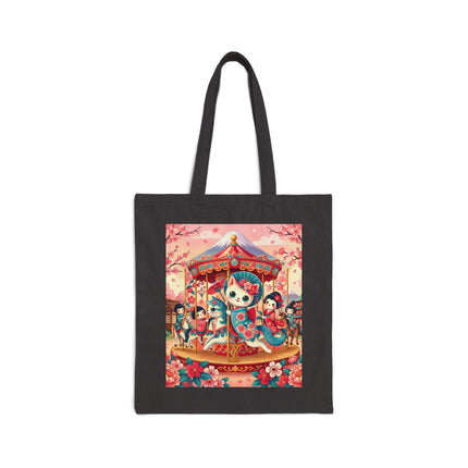 Geisha Kitten's Enchanted Carousel Ride Cotton Canvas Tote Bag – Whimsical Dreams & Cherry Blossom Magic