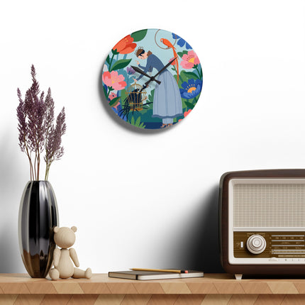 🌺🦜 The Lady Of The Enchanted Aviary Acrylic Wall Clock – Art Deco Floral Garden
