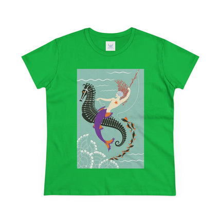 Mermaid on Seahorse Women's Midweight Cotton Tee – Dreamy Ocean Fantasy