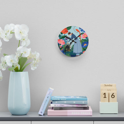 🌺🦜 The Lady Of The Enchanted Aviary Acrylic Wall Clock – Art Deco Floral Garden