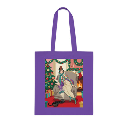 🔥🎄 The Lady Of The Christmas Hearth Cotton Tote Bag – Art Deco Holiday Warmth